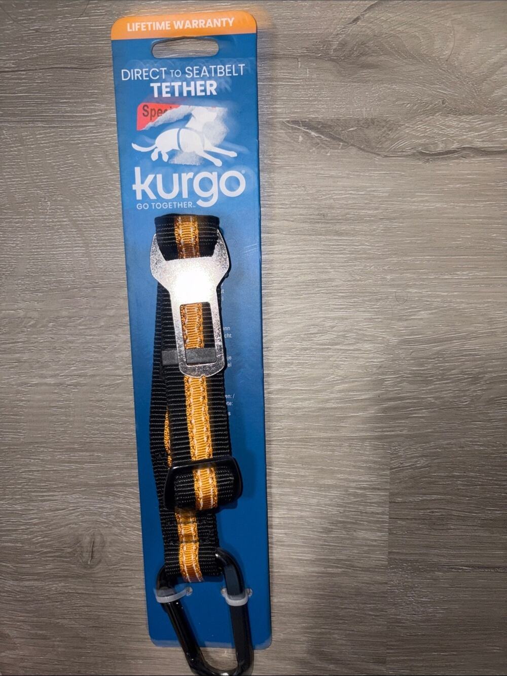 Kurgo Black and Yellow Direct-to-Seatbelt Pet Tether with Metal Buckle